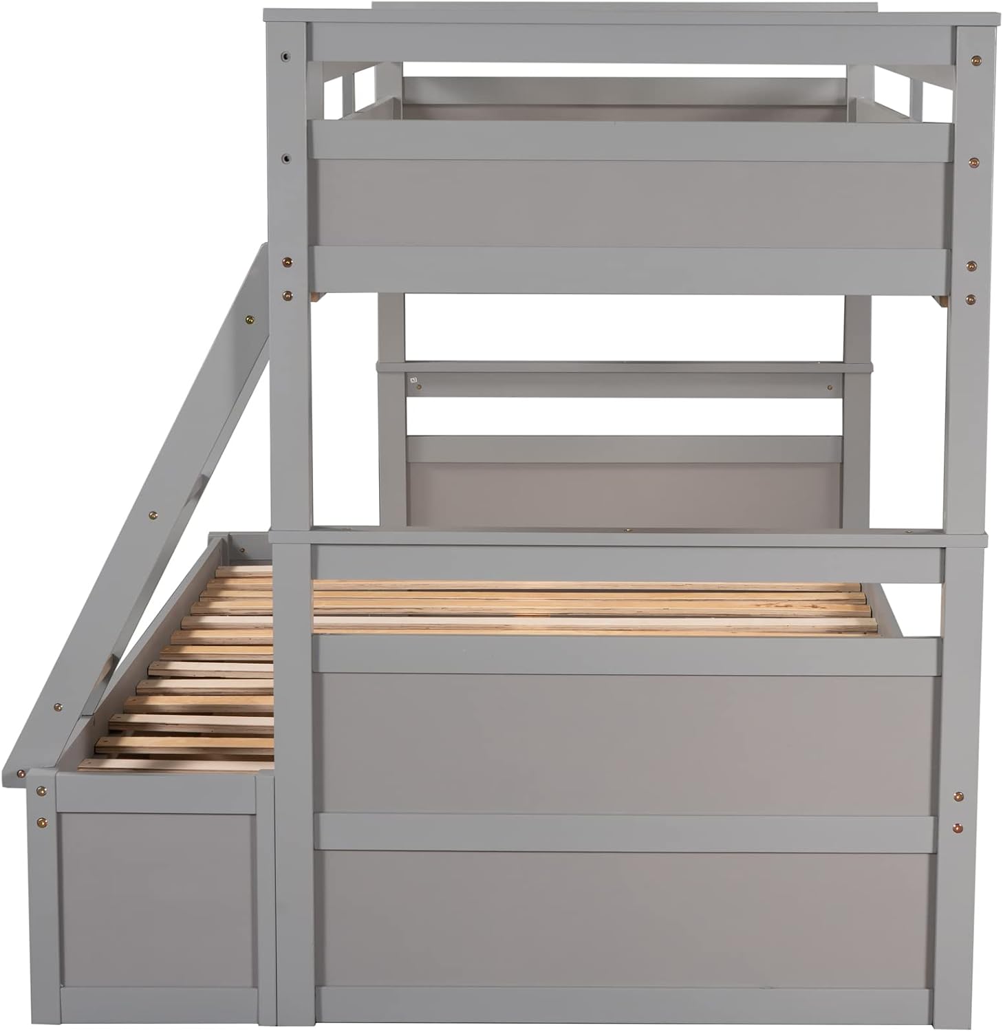 Merax Twin Over Full Bunk Bed, Wood Bunk Bed with Removable Ladders and Two Storage Drawers, Convertible into Two Individual Beds (Grey)