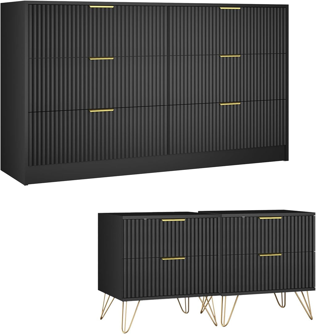 Black Dresser and Nightstand Sets, 6 Drawer Dresser Set for Bedroom 3 Piece, 55' Wide Fluted Wood Dressers W/Metal Handle & Night Stand Set of 2, Modern Bedroom Furniture Sets, Black