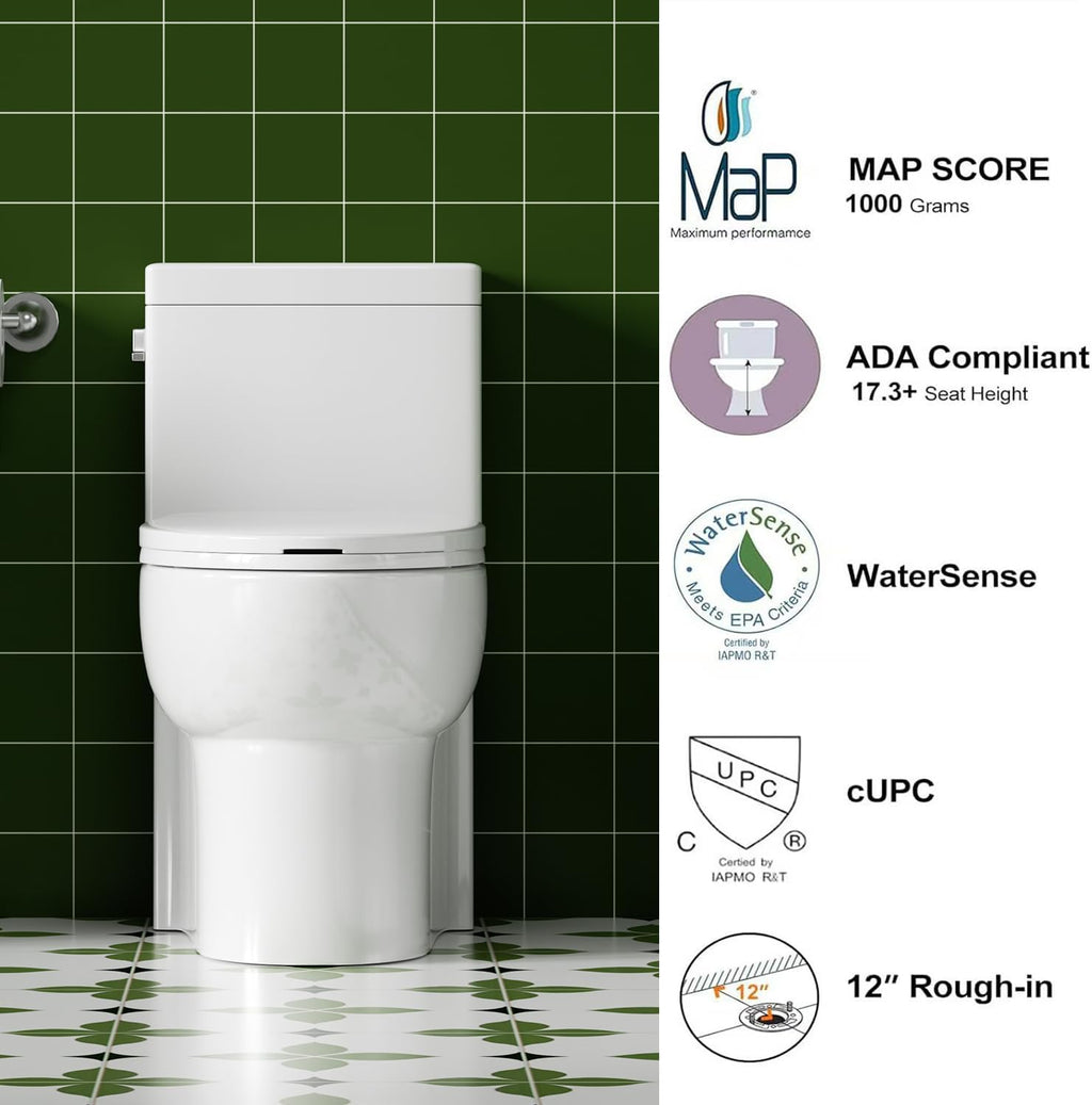 Elongated One Piece Toilet with Left-Hand Trip Lever, ADA Comfort Height, Seat Chair Height 17.3' Modern Toilet for Bathroom, 1.28 GPF, MAP 1000g, 12' Rough-In, Soft Closing Seat