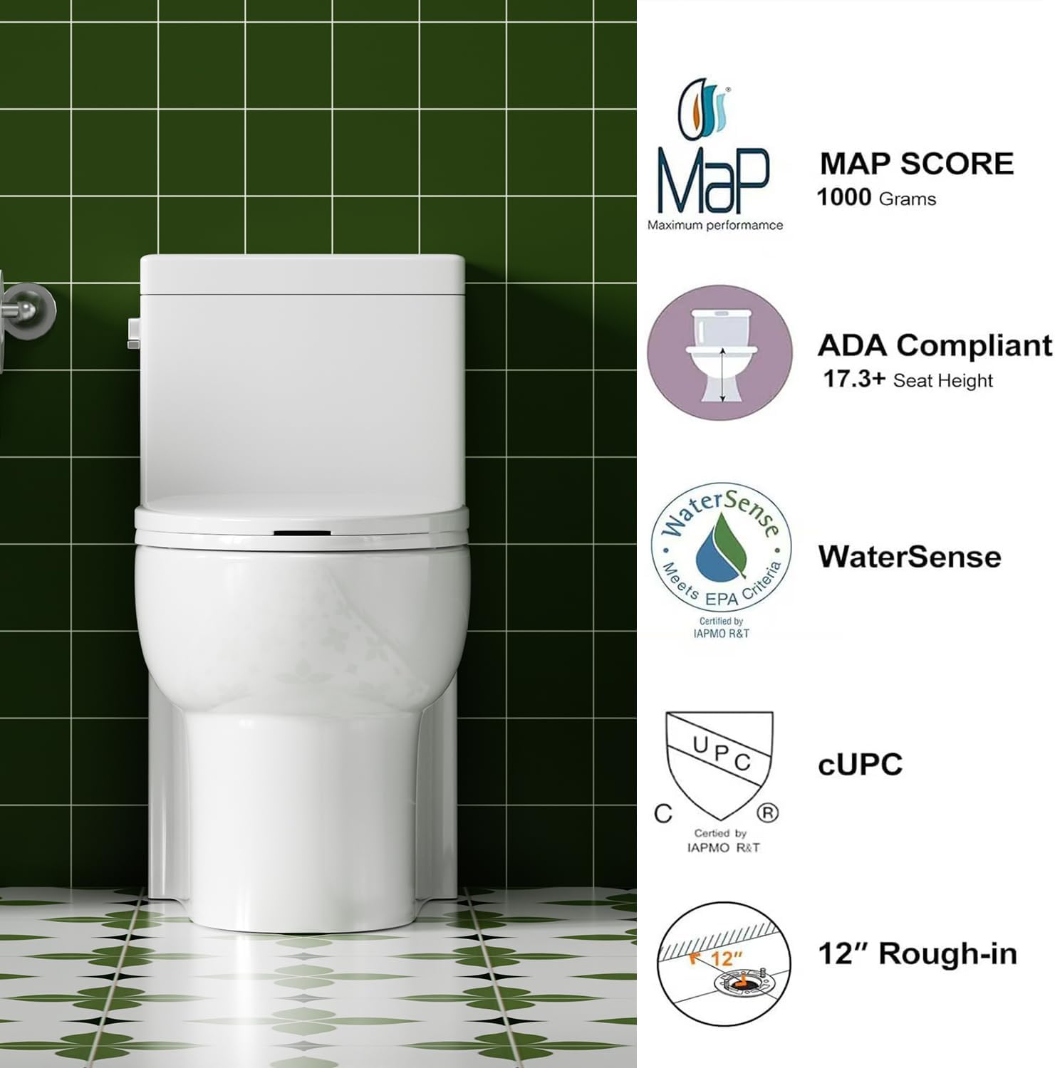 Elongated One Piece Toilet with Left-Hand Trip Lever, ADA Comfort Height, Seat Chair Height 17.3' Modern Toilet for Bathroom, 1.28 GPF, MAP 1000g, 12' Rough-In, Soft Closing Seat