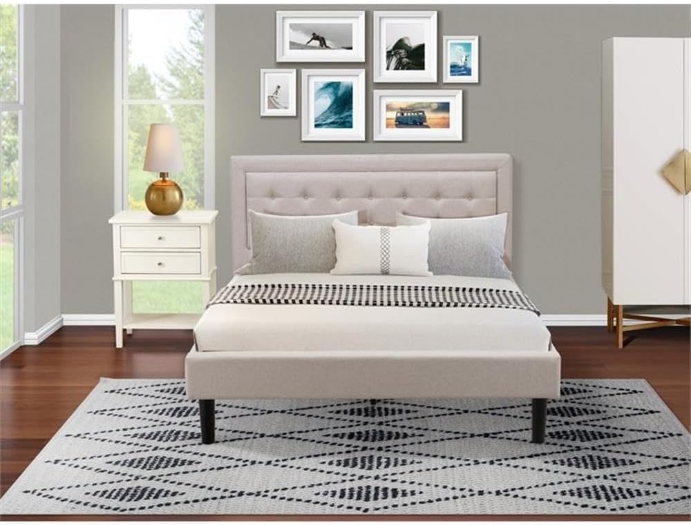 East West Furniture FN08Q-1VL0C 2-Piece Fannin Queen Bedroom Set with 1 Queen Bedframe and a Small End Table - Reliable and Sturdy Manufacturing - Mist Beige Linen Fabric