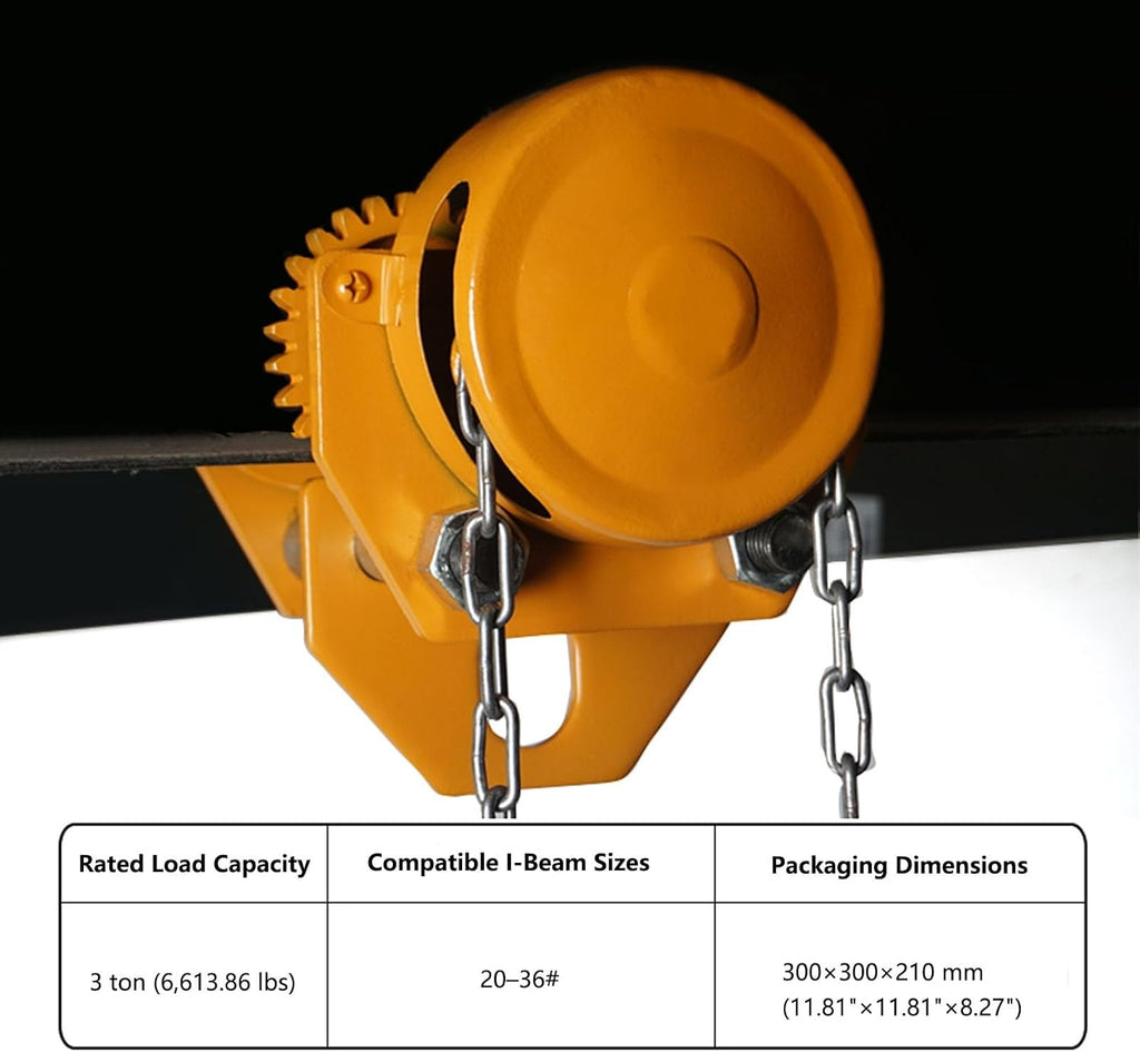 Push Beam Hand Truck, Chain-Driven Steel Manual Hand Truck, 1-3 Ton Capacity (2200-6600 Lbs), Adjustable Flange Width, Suitable For Straight And Curved I-Beams(3ton/6600lbs)