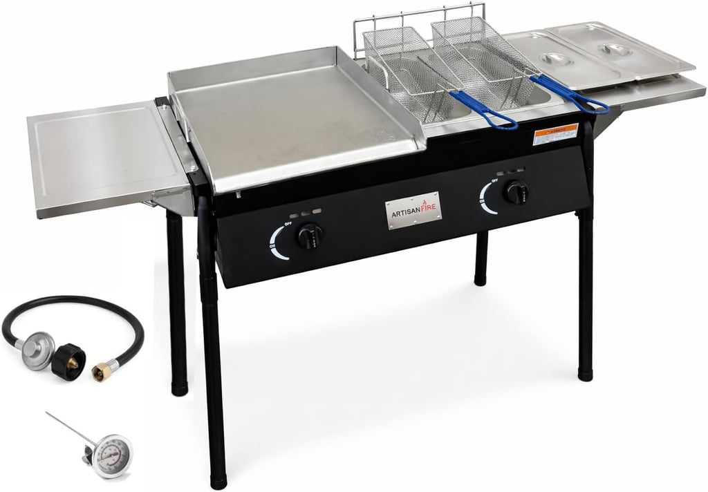 Stainless Steel Propane Deep Fryer and Griddle Grill-4 in 1-Deep Fryer-Steamers Food Warmers-Ideal for Burger Grill, Fries, and Chicken Wings Station-Taco Cart-With Hose & Regulator + Thermometer