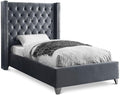 Meridian Furniture Aiden Collection Modern | Contemporary Velvet Upholstered Bed with Deep Button Tufting, Solid Wood Frame, and Custom Chrome Legs, Twin, Grey