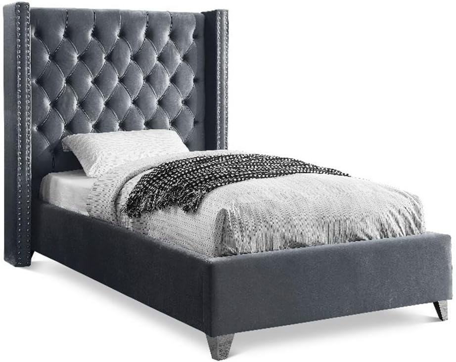 Meridian Furniture Aiden Collection Modern | Contemporary Velvet Upholstered Bed with Deep Button Tufting, Solid Wood Frame, and Custom Chrome Legs, Twin, Grey
