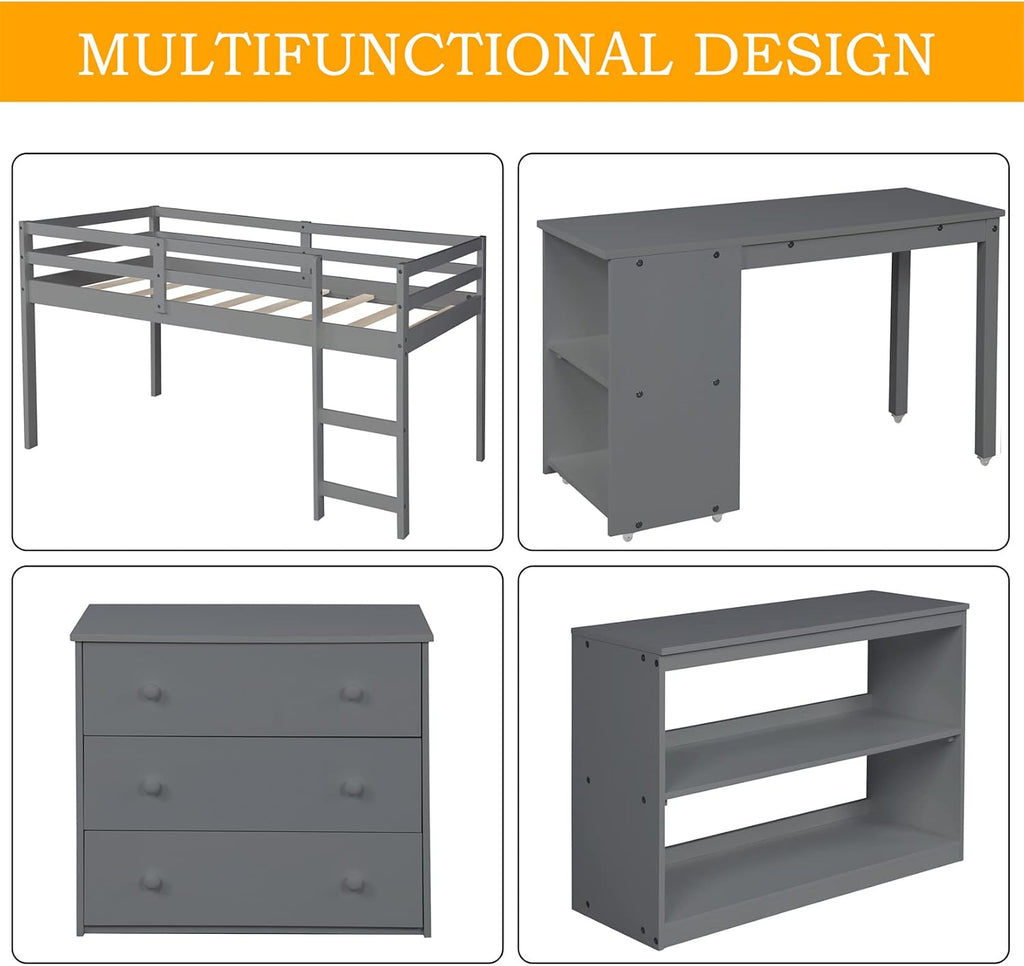 Bellemave Low Loft Bed Wood Loft Bed Frame with Storage Cabinet and Rolling Portable Desk for Kids and Teen, Boys, Girls, Twin,Gray