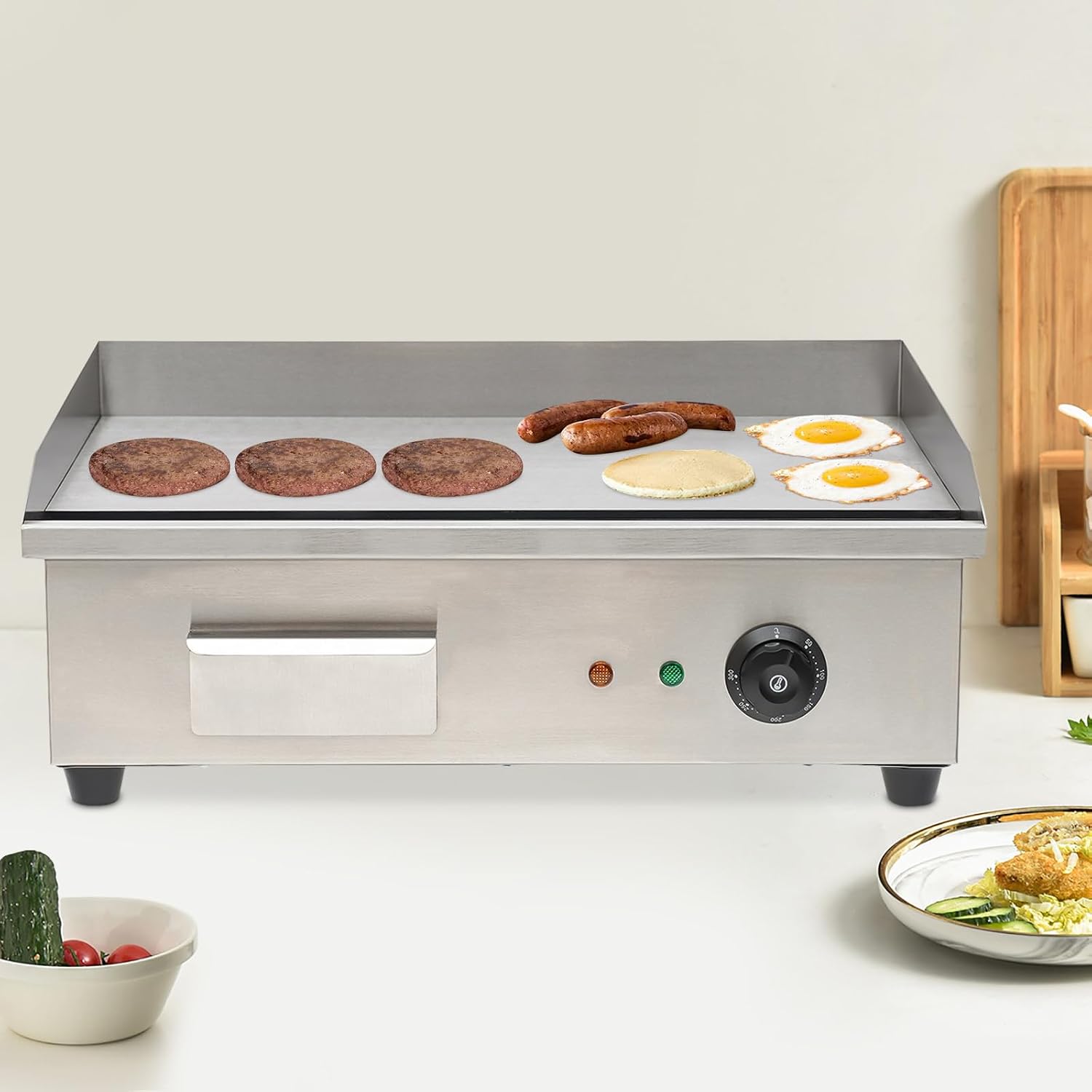 21''Commercial Electric Countertop Griddle,3000W Stainless Steel BBQ Flat Top Grill Frying Pan with Temperature Control 122°F-572°F for Restaurant Pancake Kitchen Steak (21.65 * 17.13 * 8.12in)