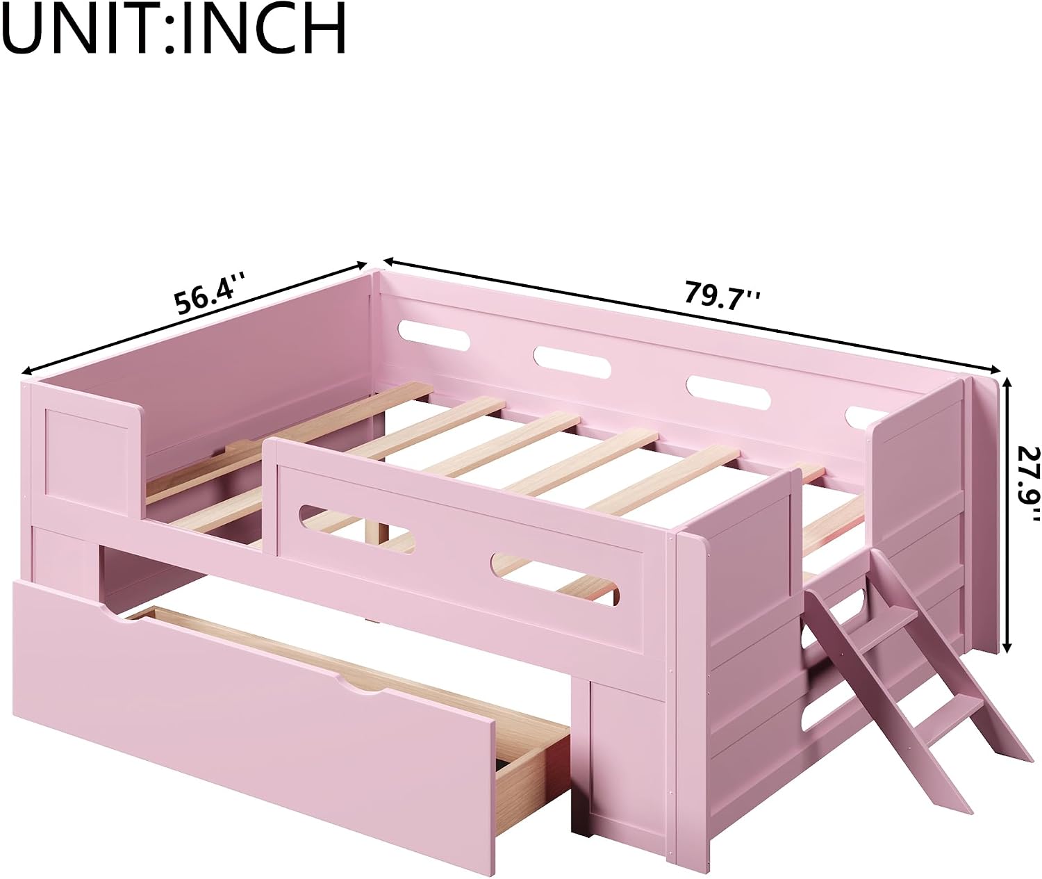 VilroCaz Modern Full Size Platform Bed with Guardrail and Large Drawer, Wood Kids Platform Bed Frame with Two-Step Ladder for Boys Girls, Sturdy Slats Support (Pink-1.12F)