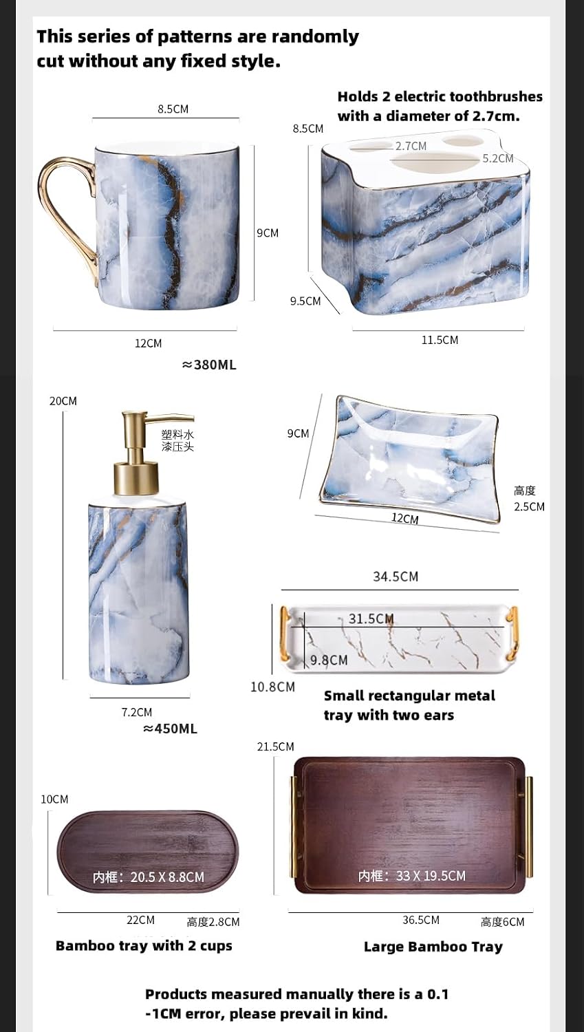 Bathroom Decor,Bathroom Accessories Sets Complete Modern Simple Marble Vein Bathroom Countertop Organizer with Bamboo Tray Easter Bathroom Decor Western Modern Home Decor Starlight Cup Gold Rim Five