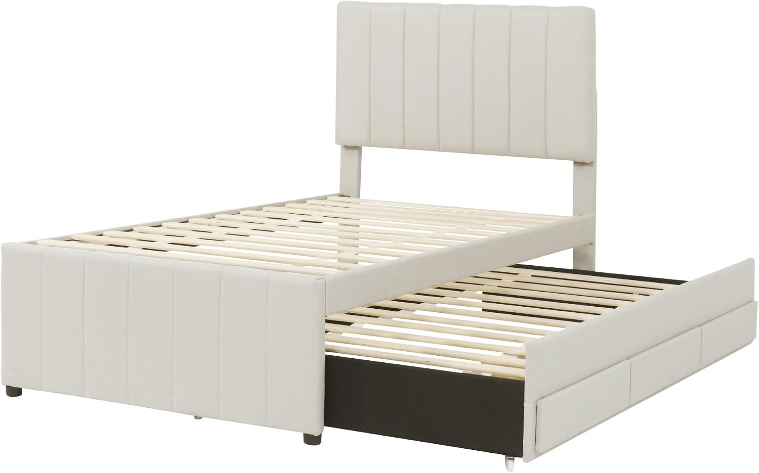 Merax Twin Size Upholstered Platform Bed with Trundle and 3 Storage Drawers, Twin Bed Frame & Tall Stripe Headboard for Bedroom, Solid Wood Slats Support, No Box Spring Needed, Easy Assembly, Beige