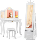 Costzon Kids Vanity & Jewelry Armoire Cabinet, Kids Makeup Vanity Table and Chair Set, 360° Swivel Standing Jewelry Organizer with Full-Length Mirror, Kids Bedroom Furniture Set for Girls (White)