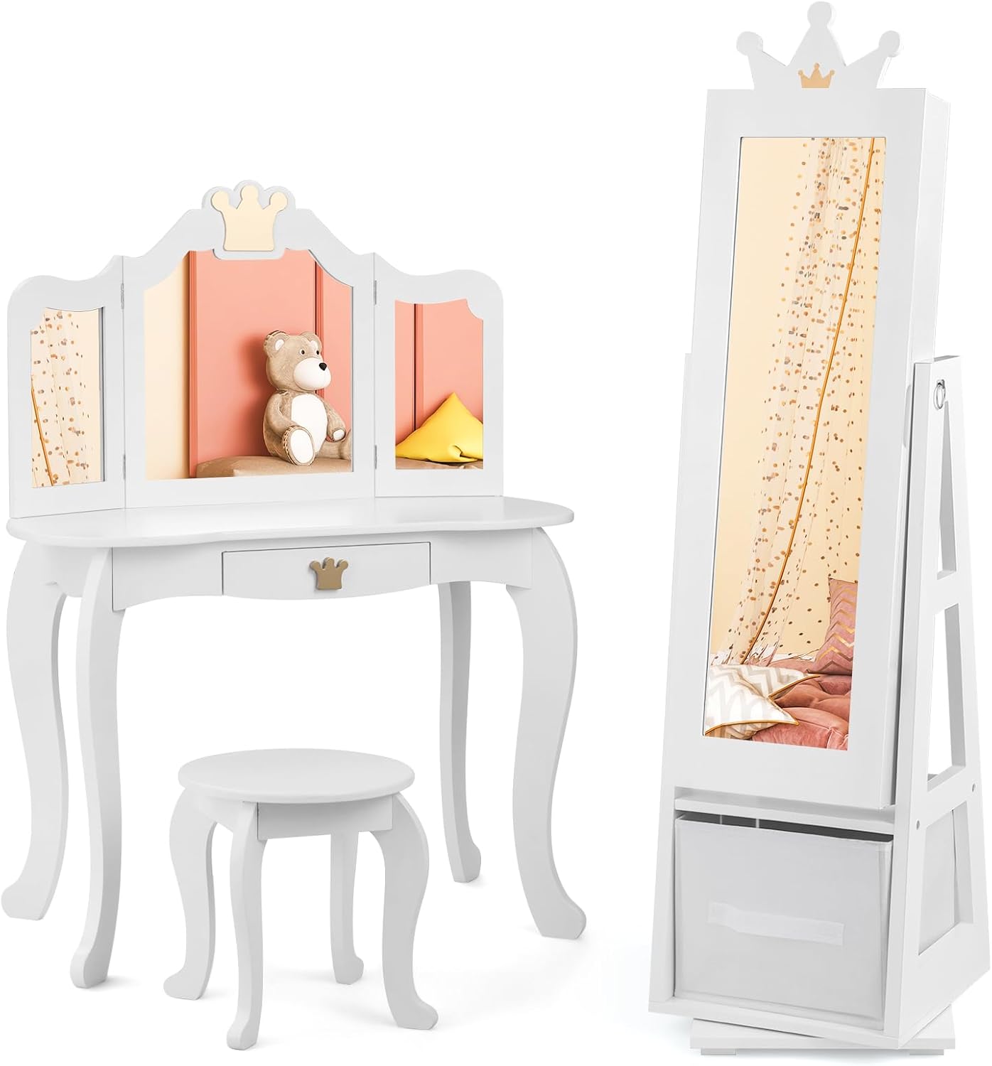 Costzon Kids Vanity & Jewelry Armoire Cabinet, Kids Makeup Vanity Table and Chair Set, 360° Swivel Standing Jewelry Organizer with Full-Length Mirror, Kids Bedroom Furniture Set for Girls (White)