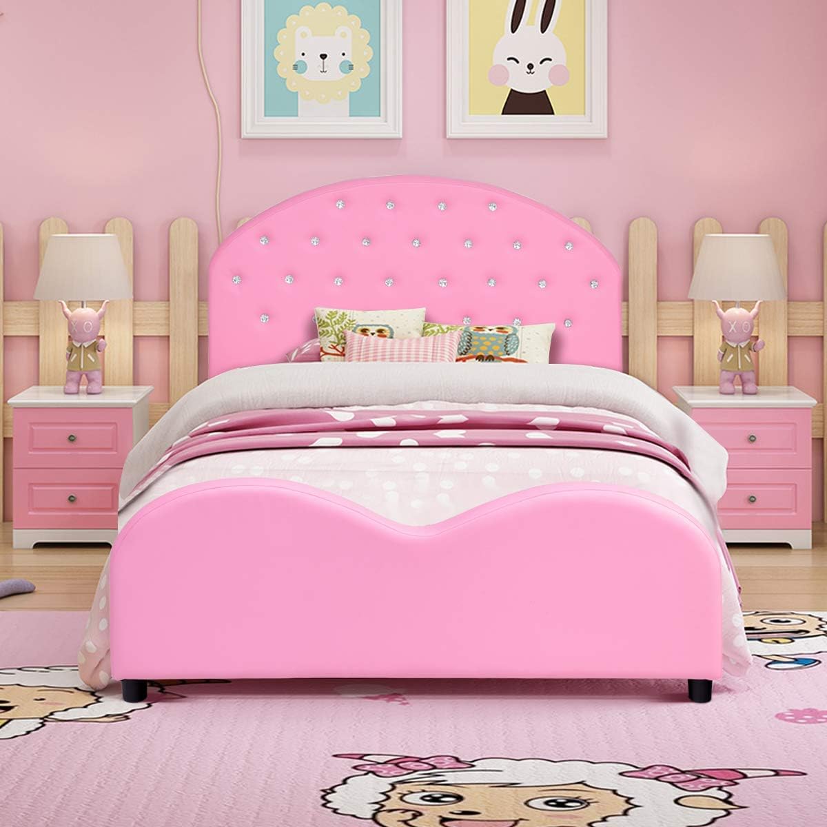 Costzon Twin Bed Frames for Kids, Wood Upholstered Twin Bed Platform with Slat Support, Padded Headboard&Footboard, No Box Spring Needed, Easy Assembly, Fits Standard Twin Mattress (Crystal)