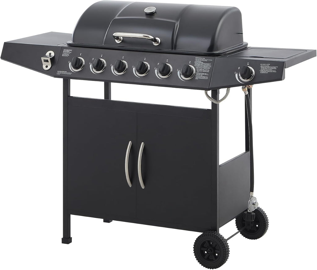 Black 6 Burner Propane Gas BBQ Grill with Side Burner, 59000 BTU Output Stainless Steel Barbecue Grill with Enameled Grates and Side Tables for Outdoor Cooking Patio Backyard (6+1)