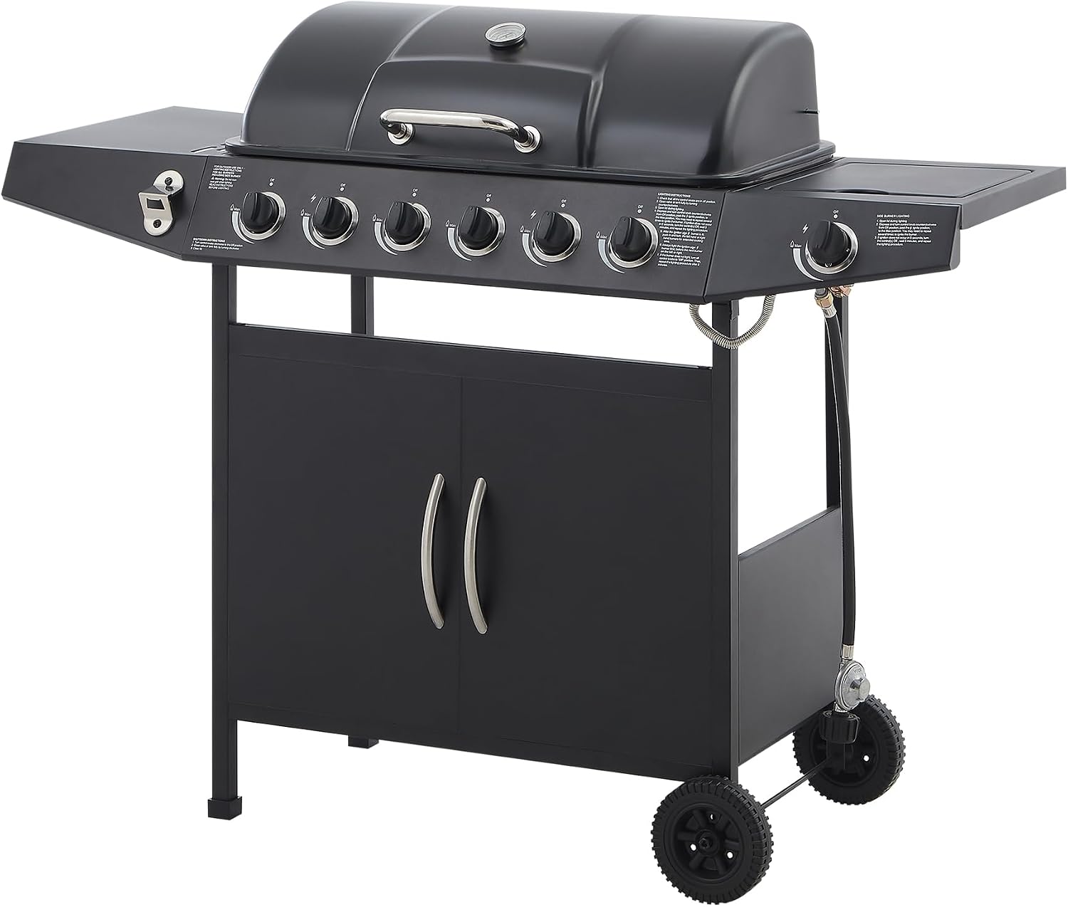 Black 6 Burner Propane Gas BBQ Grill with Side Burner, 59000 BTU Output Stainless Steel Barbecue Grill with Enameled Grates and Side Tables for Outdoor Cooking Patio Backyard (6+1)