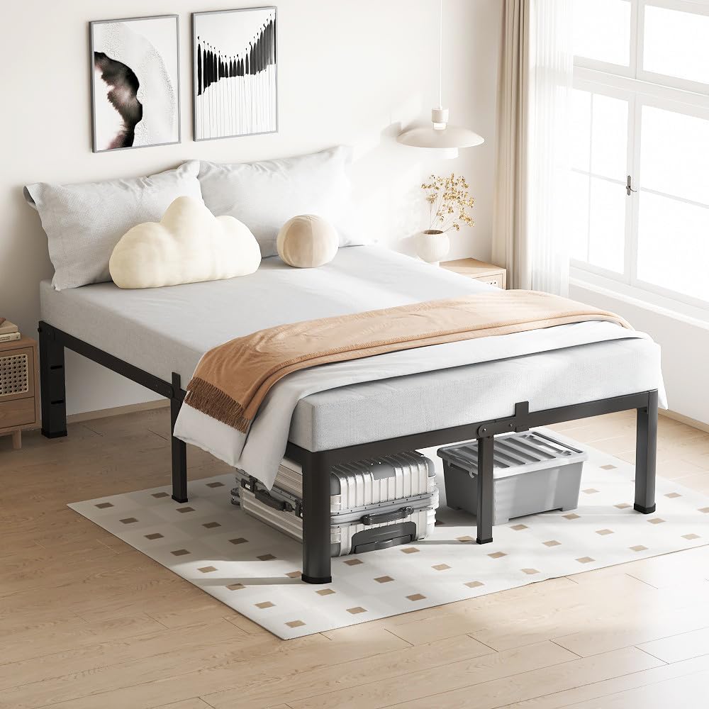 VIPSHOW 14 Inch Full Size Bed Frame, 3500Lbs Heavy Duty Metal Platform with Round Corner Legs Mattress Slide Stopper, Steel Slat Support No Box Spring Needed, Noise Free, Non-Slip, Easy Assembly
