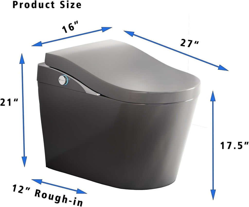 Modern Smart Toilet With Bidet, Auto Flush, Auto Open/Close,Heated Seat, Warm Water and Dry, 17.5' Comfort Height, Remote Control Gray