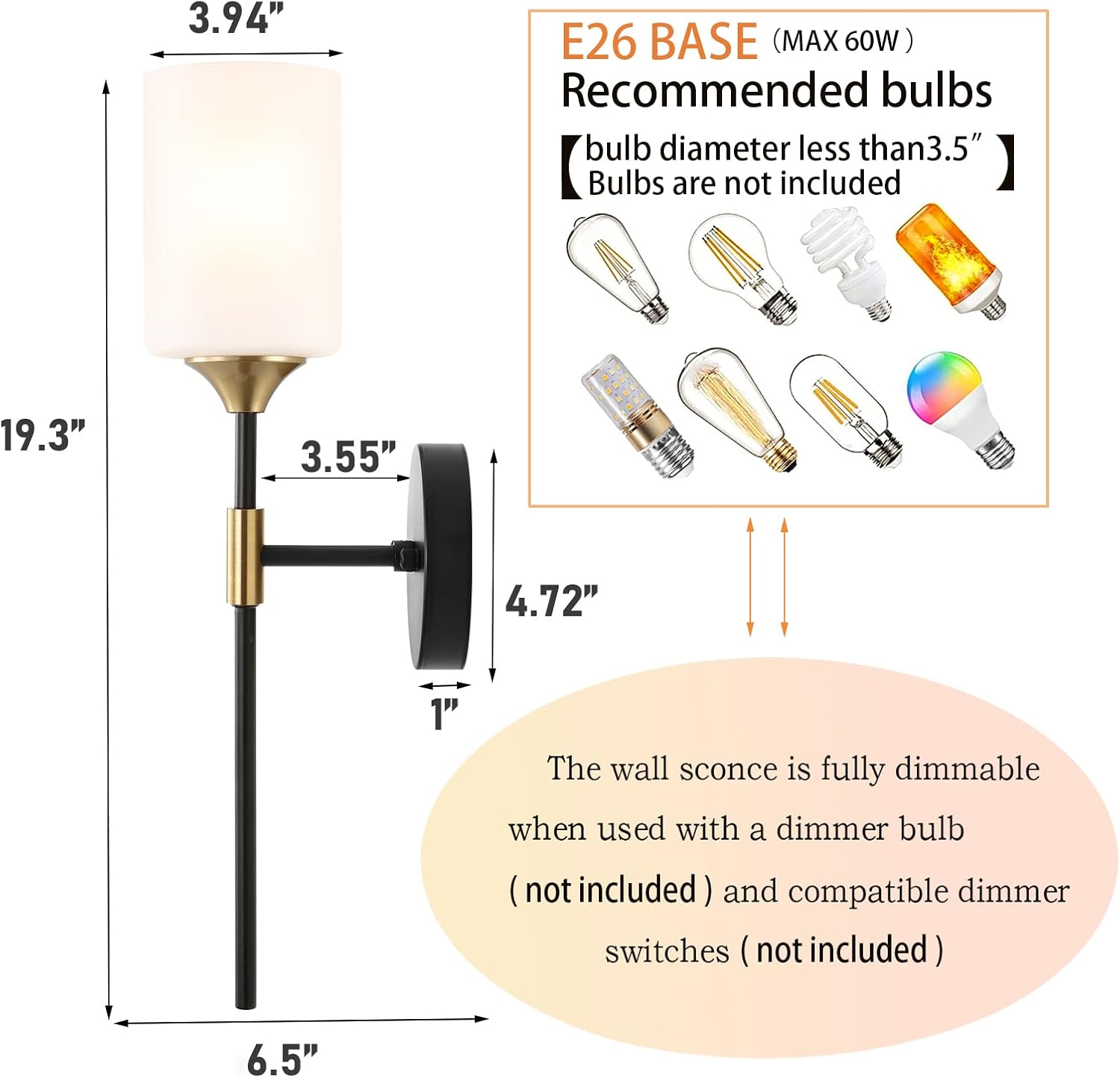 BYOLIIMA Industrial Mid Century Wall Sconce Set of 2 with White Cylinder Glass Shades Modern Bathroom Vanity Wall Lamp Black and Gold Finished Wall Light Fixture