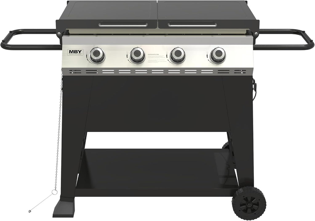 4 Burner Propane Grill with Rainproof Cover 32inch Outdoor Flat Top Griddle Foldable Side Table for Backyards Barbecue