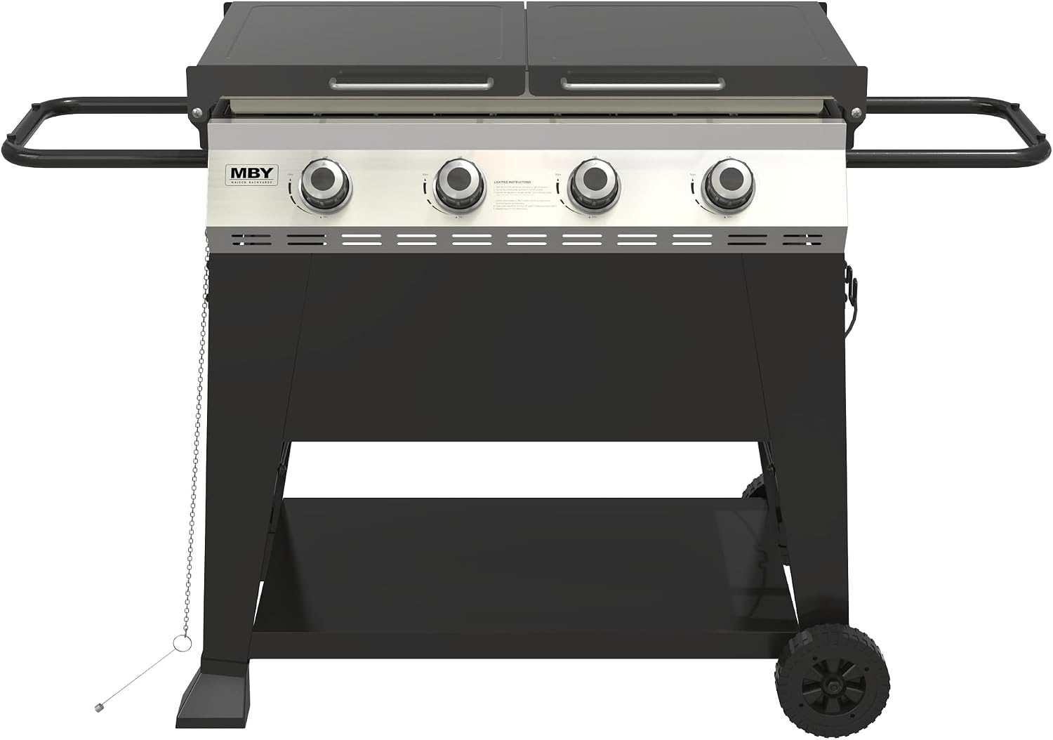4 Burner Propane Grill with Rainproof Cover 32inch Outdoor Flat Top Griddle Foldable Side Table for Backyards Barbecue
