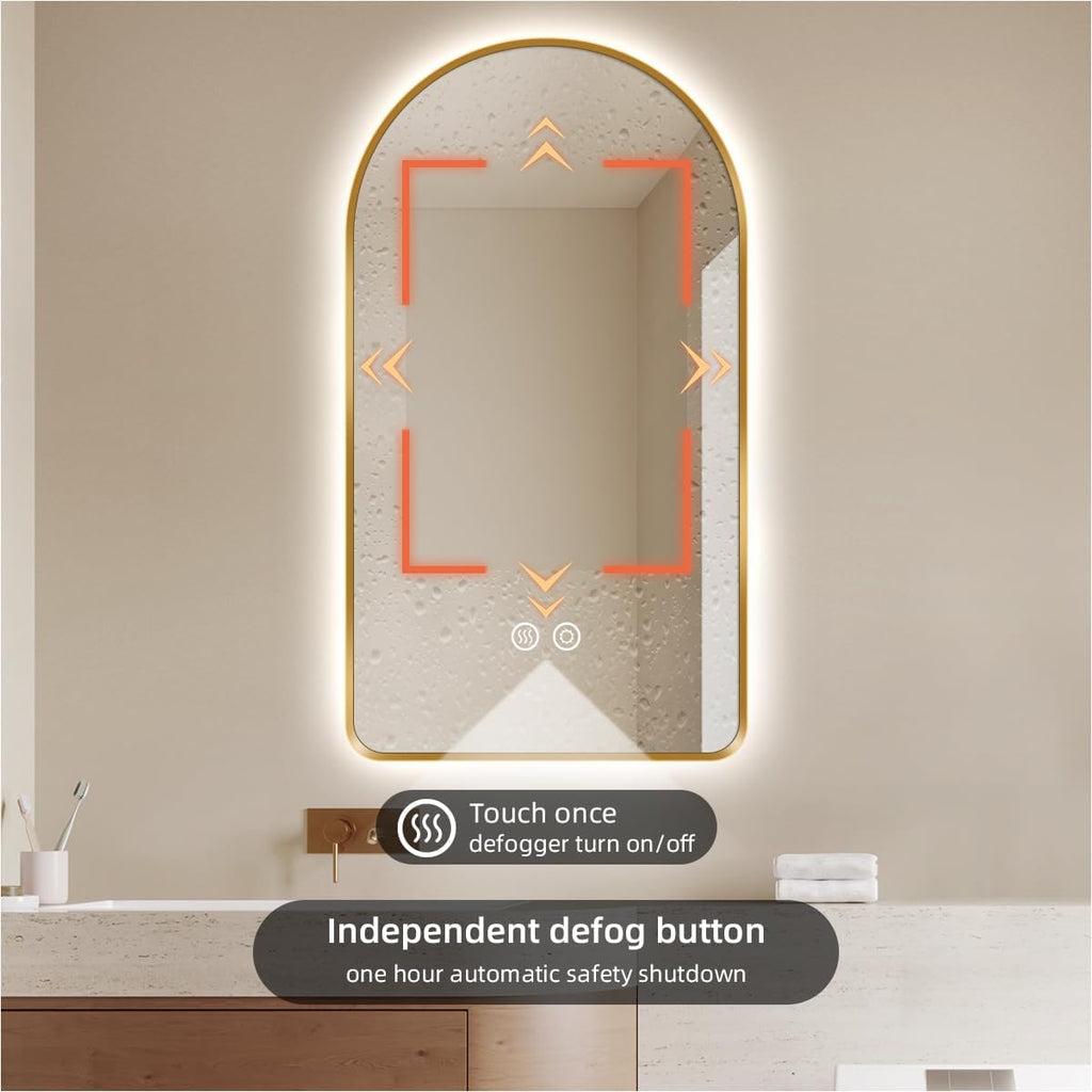 36 x 24 Arched LED Bathroom Mirror, Brushed Gold Framed, Backlit Vanity Mirror with Lights, Wall Mounted Lighted Mirror, Dimmable 3-Color Shatter-Proof Arch Smart Mirror, UL-Listed, CRI≥93
