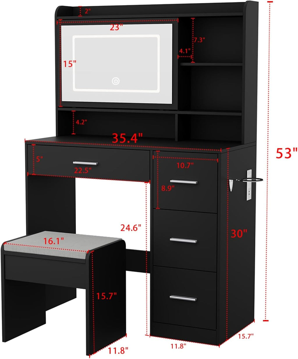 Viaozutis Vanity Desk with a Mirror and Lights，with Chair and Four Drawers, Three Adjustable Lighting Modes，with Power Outlet and Sliding LED Mirror,Bedroom Vanity Desk (Black)