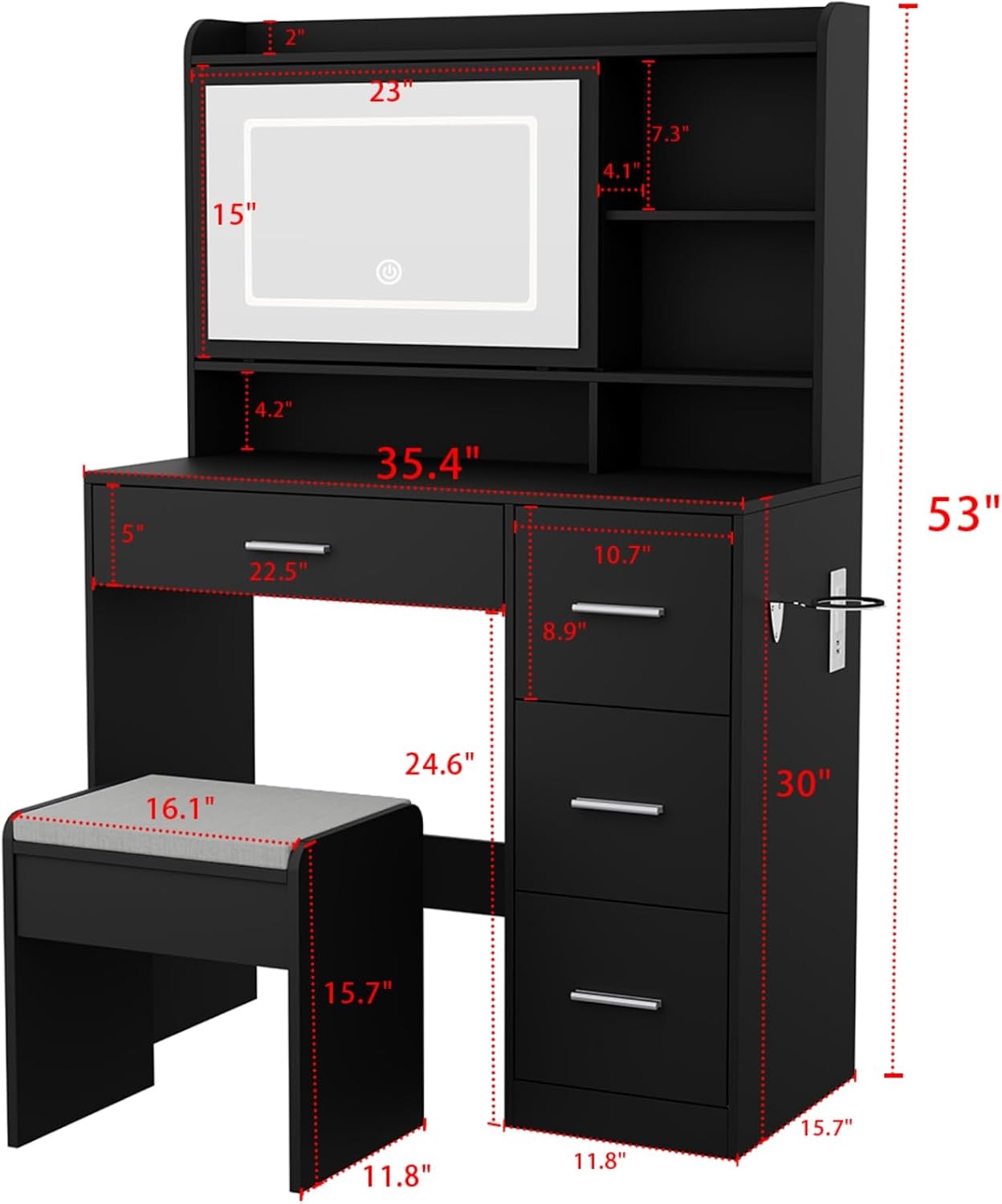 Viaozutis Vanity Desk with a Mirror and Lights，with Chair and Four Drawers, Three Adjustable Lighting Modes，with Power Outlet and Sliding LED Mirror,Bedroom Vanity Desk (Black)