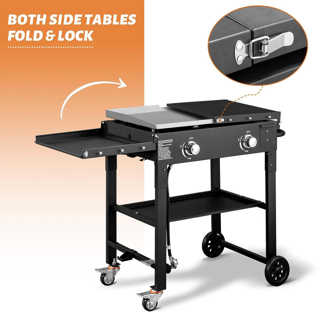 Foldable Flat Top Grill, Portable Outdoor Propane Griddle with 2 Foldable Shelves, 30000/45000/60000 BTU Gas Grill Griddle Cooking Station for BBQ & Outdoor Cooking, Black(2 Burner)