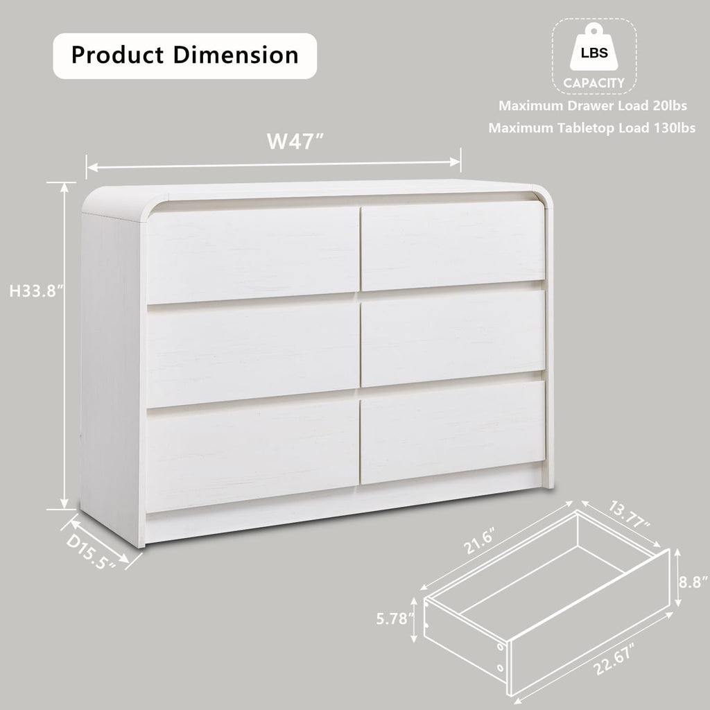 Aitjunz Modern 6 Drawers Dresser for Bedroom, 47' Wide Wood Dressers & Chests of Drawers with Curved Profile Design, Mid Century Modern Dresser for Closet for Bedroom, Living Room, Antique White