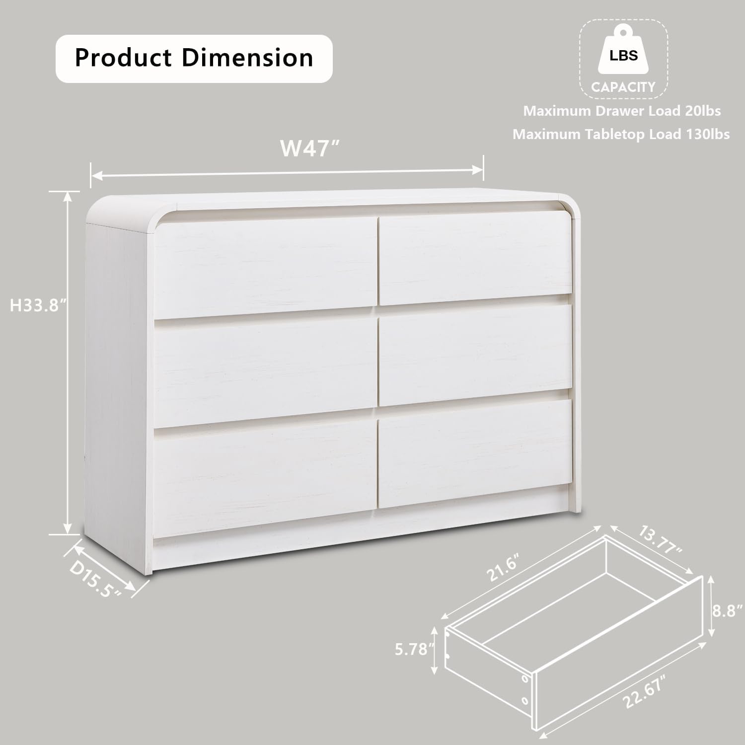Aitjunz Modern 6 Drawers Dresser for Bedroom, 47' Wide Wood Dressers & Chests of Drawers with Curved Profile Design, Mid Century Modern Dresser for Closet for Bedroom, Living Room, Antique White
