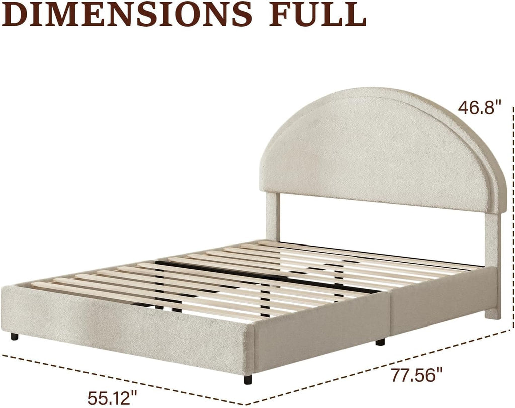 REVOMINCA Full Size Bed Frame with Round Headboard, Upholstered Platform Bed Frame, Boucle Soft Bed Frame, Modern Style, No Box Spring Required, Easy Assembly, White