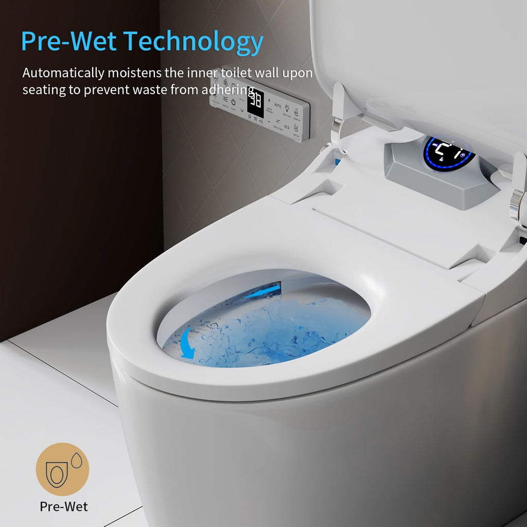 Smart Toilet with Bidet Built, Auto Open & Close, Auto Flush, Warm water massage, Heated Seat,Movement Drying, Night Light, Wireless Remote Control, Modern Tankless Elongated Toilet.