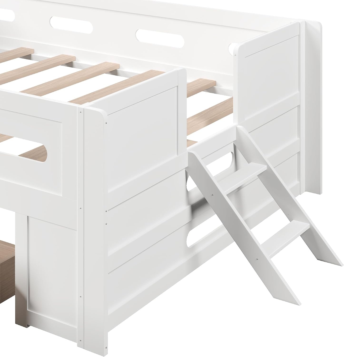 VilroCaz Modern Full Size Platform Bed with Guardrail and Large Drawer, Wood Kids Platform Bed Frame with Two-Step Ladder for Boys Girls, Sturdy Slats Support (White-1.12F)