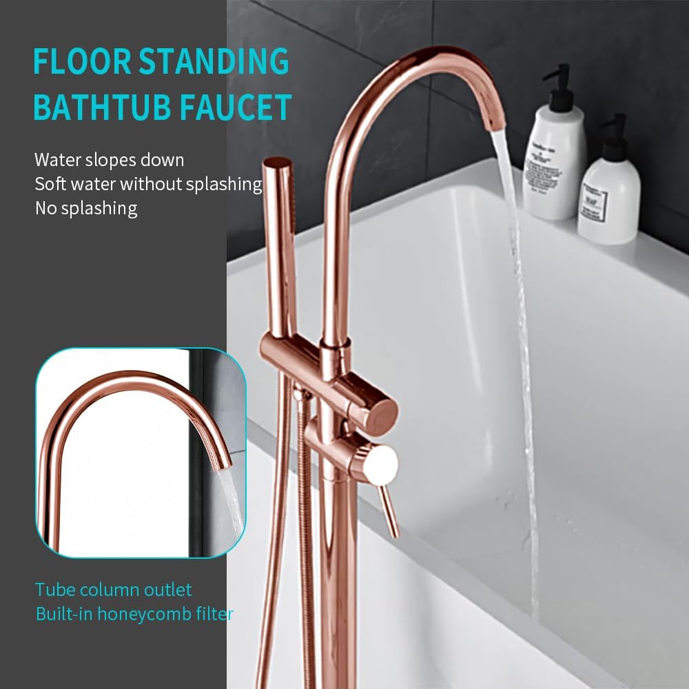 Floor Mount Bathtub Faucet, Freestanding Tub Filler, Standing Swivel Spout Shower Faucets Shower Mixer Taps with Cylinder Handheld Shower (Rose Gold, With Embedded Box)
