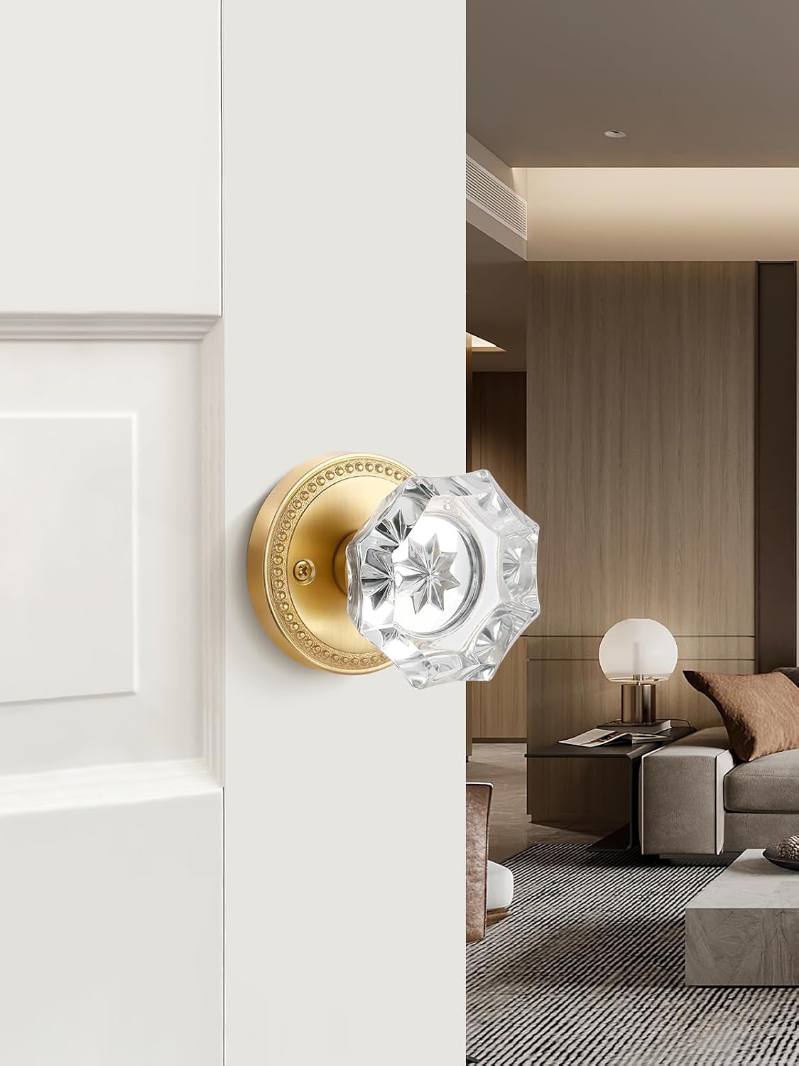 Gold Door Knobs Crystal Door Knob Brushed Gold Passage Door Knobs Glass Satin Brass Interior Door Handles for Hall and Closet 1 Pack