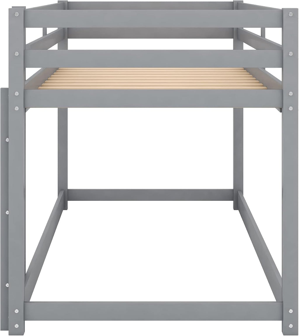 Low Bunk Bed Twin Over Twin, Solid Wood Floor Bunk Bed Frame with Ladder & Safety Guardrails, Twin Bunk Beds for Kids Boys and Girls, Saving Space, No Box Spring Needed, Gray