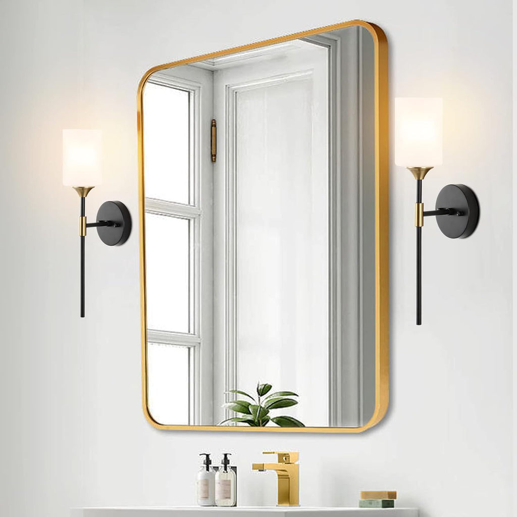 BYOLIIMA Industrial Mid Century Wall Sconce Set of 2 with White Cylinder Glass Shades Modern Bathroom Vanity Wall Lamp Black and Gold Finished Wall Light Fixture