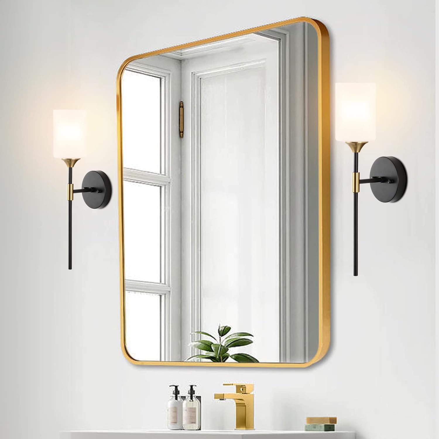 BYOLIIMA Industrial Mid Century Wall Sconce Set of 2 with White Cylinder Glass Shades Modern Bathroom Vanity Wall Lamp Black and Gold Finished Wall Light Fixture