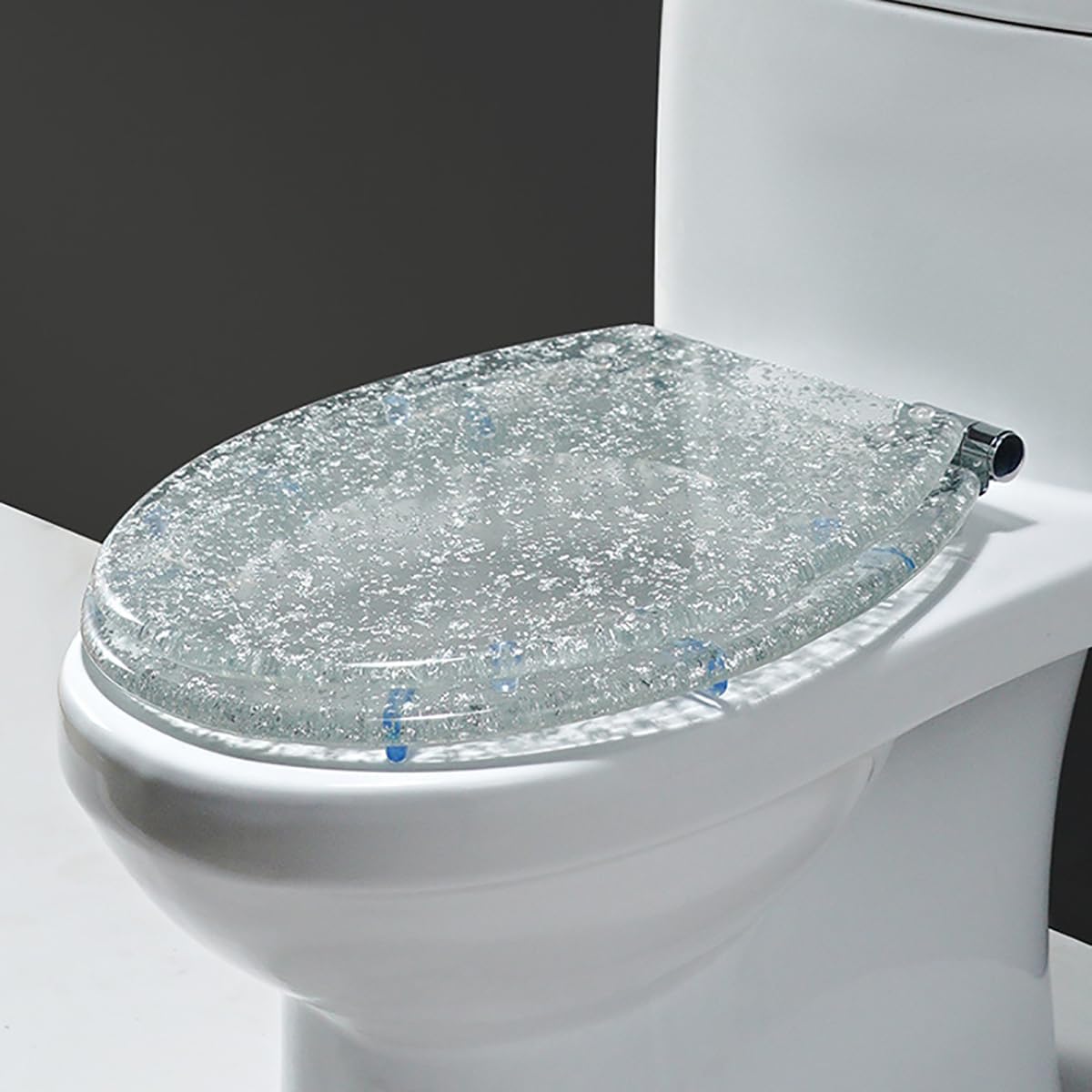 Round Resin Toilet Seat with Glitter Toilet Lid, Slow Close Toilet Seats Cover, Including Fixing Sets of Parts, Fit Most Standard U/V/O Toilet, Quiet Close (Silver 2)