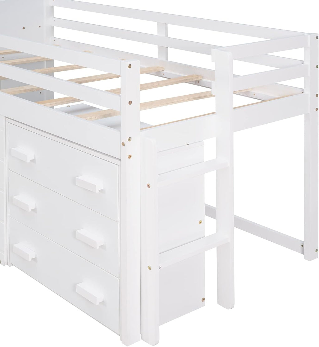 Ball & Cast Twin Size Low Loft Bed with Safety Guardrail & Stair,Wooden Bedframe W/Cabinet & Shelf,Solid Construction,No Spring Box Needed,Furniture Set for Boys Girls Keens Study Bedroom,White