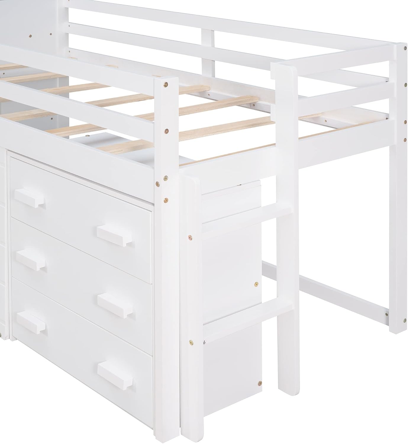 Ball & Cast Twin Size Low Loft Bed with Safety Guardrail & Stair,Wooden Bedframe W/Cabinet & Shelf,Solid Construction,No Spring Box Needed,Furniture Set for Boys Girls Keens Study Bedroom,White