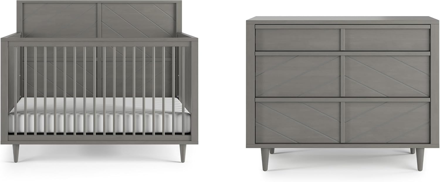 Child Craft Surrey Hill Design 4-in-1 Convertible Baby Crib Nursery Furniture Set, Baby Bed and 3 Drawer Dresser, for Babies, Toddlers and Kids Bedroom (2 Piece - Lunar Gray)