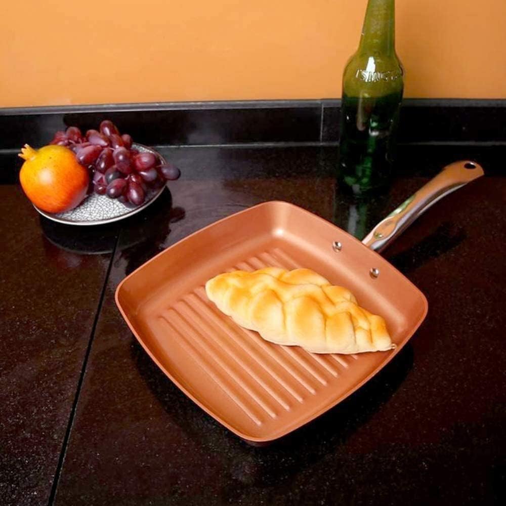Frying Copper Pan Non-Stick Square Grill Pan, Griddle Pan with Stainless Steel Handle Induction Cooker Safe,24CM,