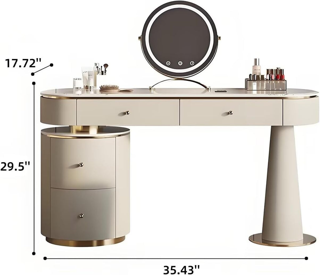 Leather Vanity Set - Solid Wood Makeup Vanity with Rock Slab Countertop, 4 Drawers, Modern Dressing Table Include LED Lights Mirror & Stool, Stainless Steel Base for Bedroom (Beige,35.43'')