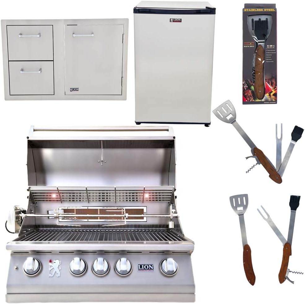 Lion Premium Grills 32-Inch Propane Grill L75000 with Lion Door and Drawer Combo with Towel Rack and Lion Refrigerator Package Deal with 5 in 1 BBQ Tool Set