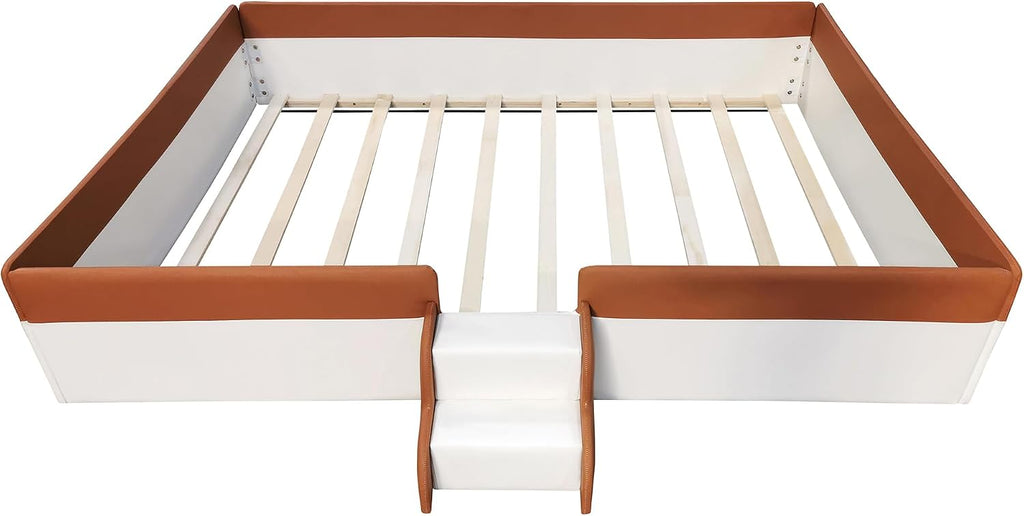 VilroCaz Queen Size Upholstered Daybed Frame with Fence and Stairs, Montessori Kids Floor Bed with Sturdy Slat Support for Kids Boys Girls (Brown+Queen)