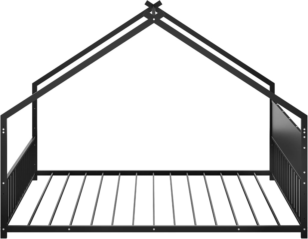 Bellemave Full Floor BedFrame with Slats for Kids, Metal Montessori Floor Beds with high headboard, Full House Bed for Kids, Black with roof and Lights