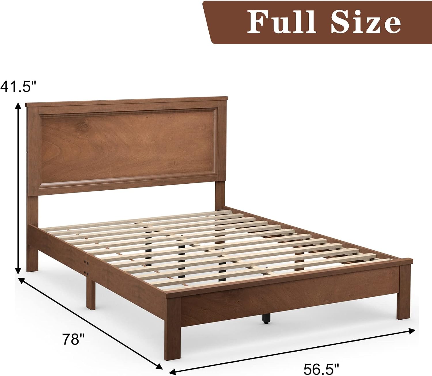 KOMFOTT Full Size Wood Platform Bed Frame with Headboard, Wooden Mid Century Platform Bed with Slat Support & Under Bed Storage, Mattress Foundation Bed Base, No Box Spring Needed, Walnut