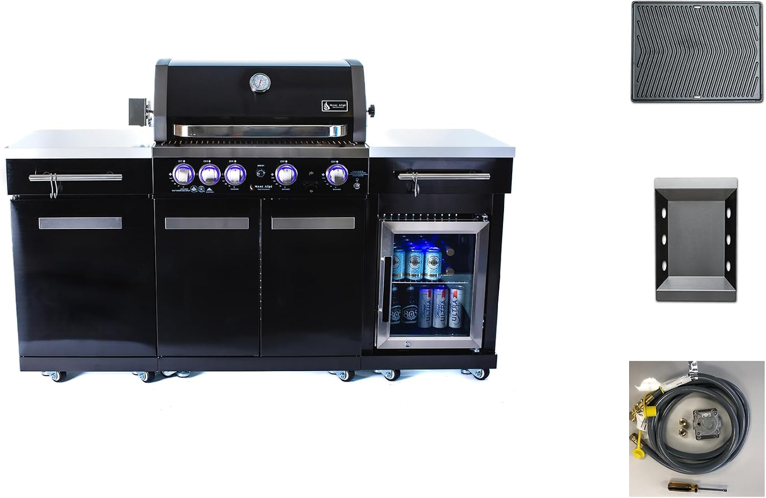 Mont Alpi Premium 70'W Black Stainless Steel Outdoor Kitchen Island BBQ Gas Grill with Compact Refrigerator & Rotisserie Burner + Dual Sided Griddle Plate + Charcoal Tray + Natural Gas Conversion Kit