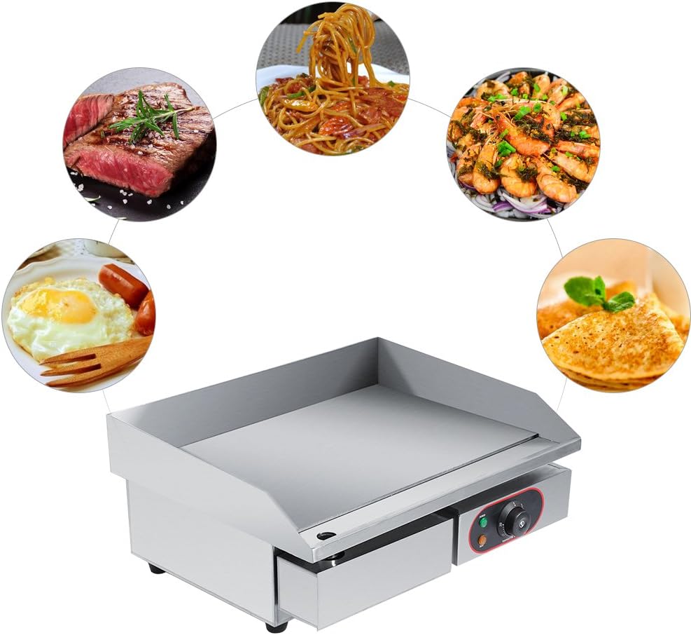 Commercial Electric Griddle Flat Top Stainless Steel Plate Countertop Hotplate Kitchen Grill BBQ Fried Pans Table-top Temp Control with Oil Leaking Hole and Removable Oil Drawer 55 x 45 x 23cm